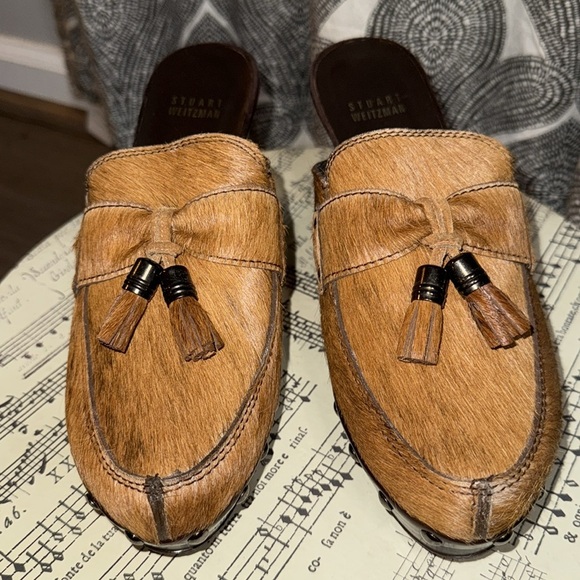 Stuart Weitzman Pony Hair Tassel Heeled Mules SZ 7.5 - Picture 3 of 10